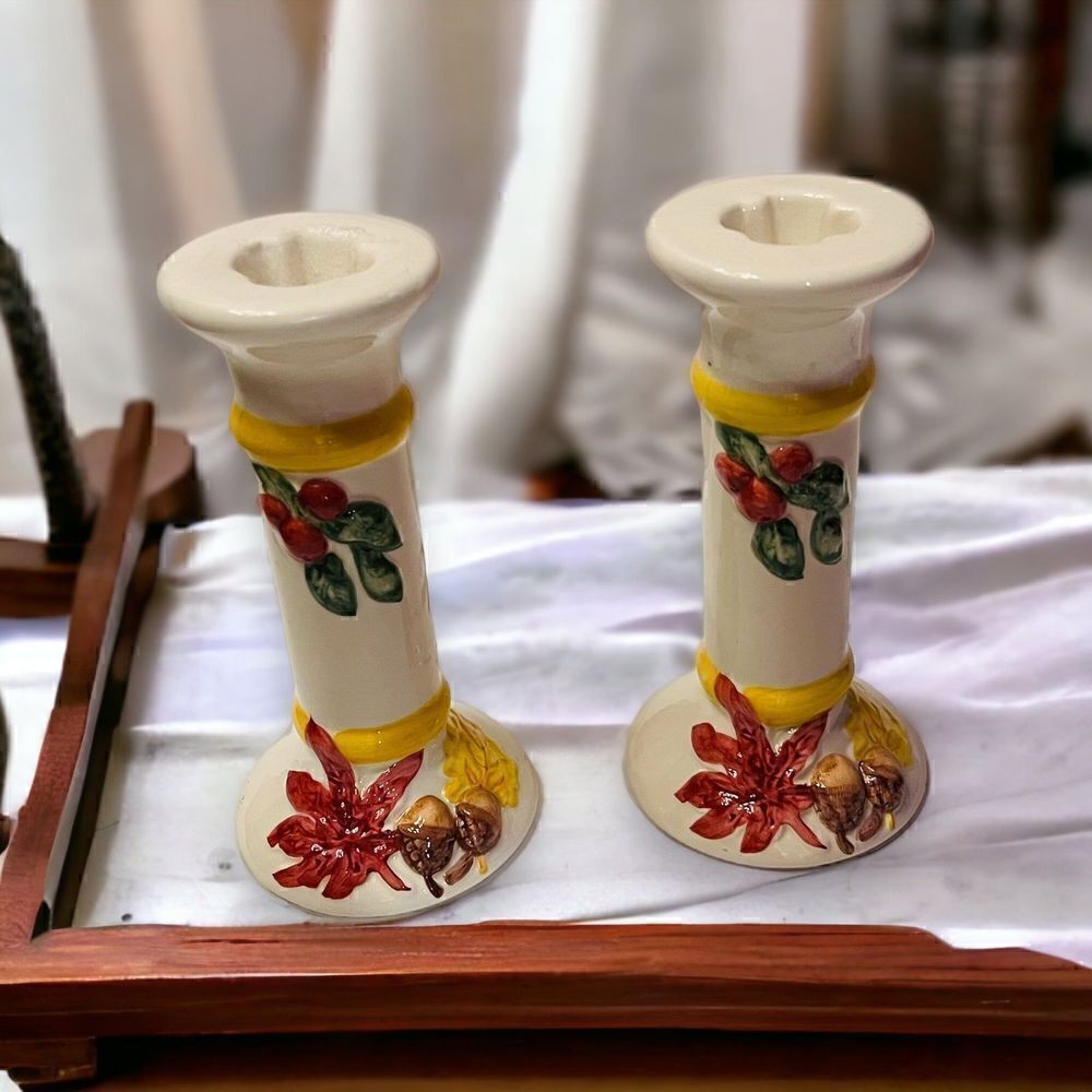 Candlesticks (2) Fall Leaves White Farmhouse 7.5”‎